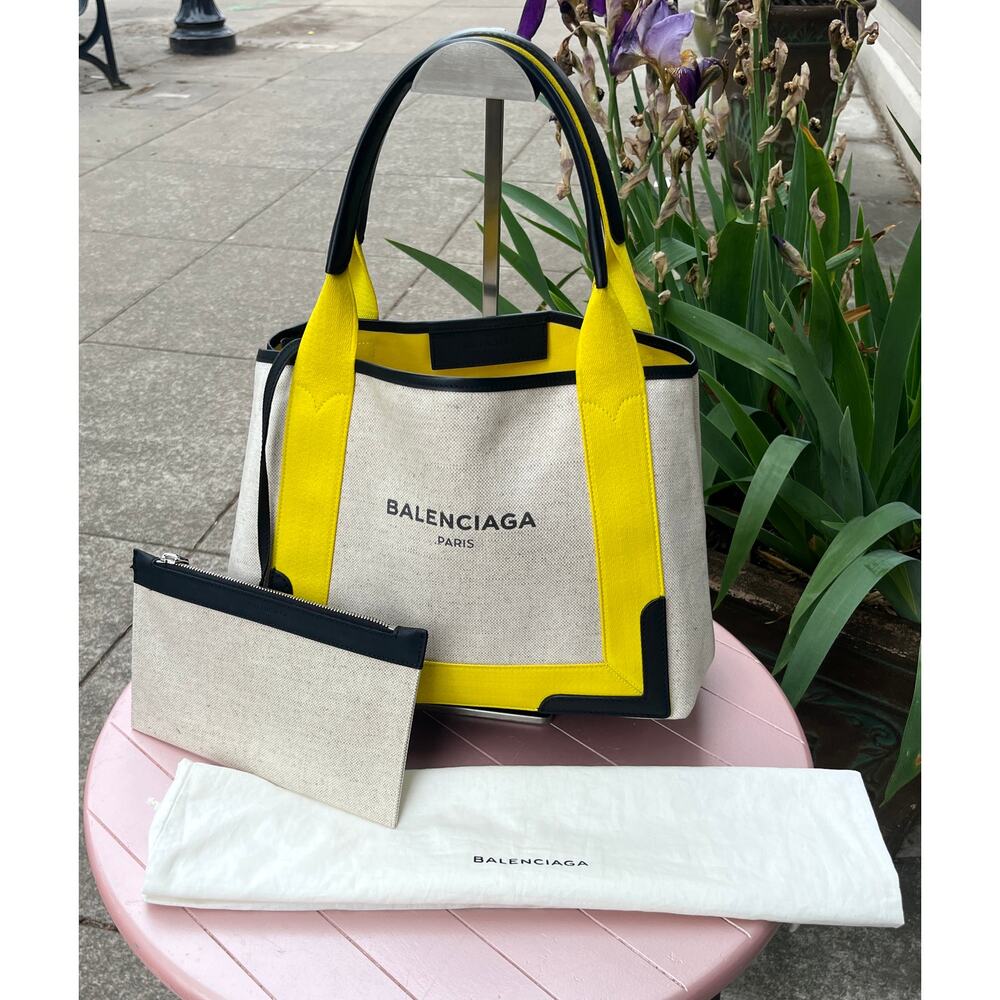 BALENCIAGA PARIS Cabas Cream & Yellow Canvas & Leather Tote Bag w/Pouch